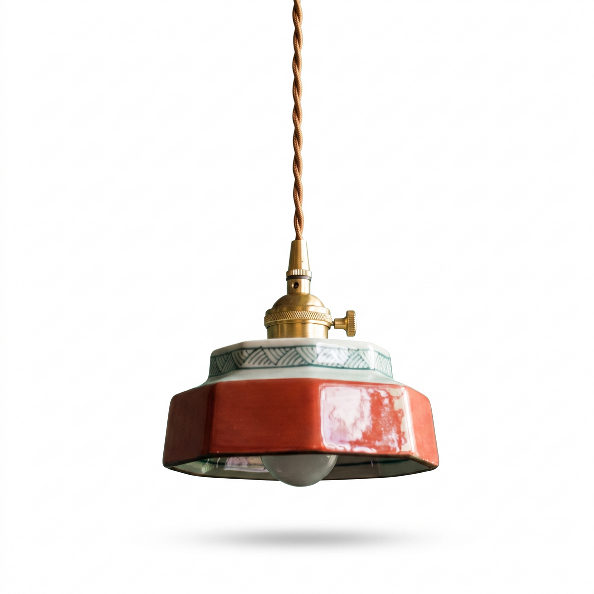 Kempten Hand Painted Ceramic Pendant Light, Brass Holder, Red