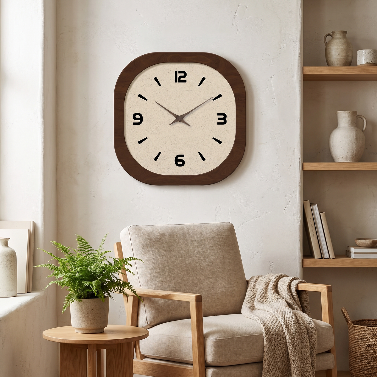 Vaxjo Retro Rounded Square Wall Clock, Walnut Effect, Silent in a room