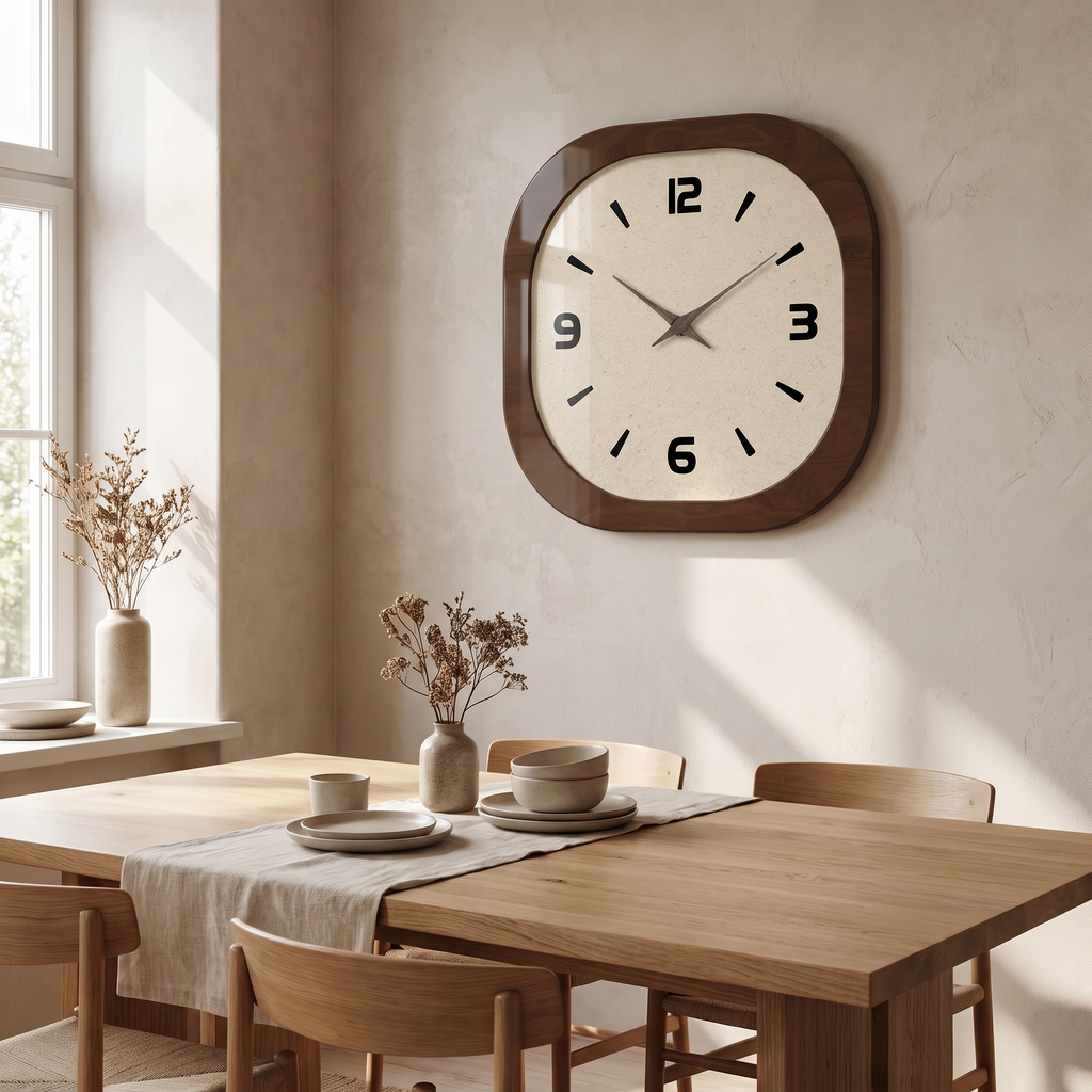 Vaxjo Retro Rounded Square Wall Clock, Walnut Effect, Silent in a room