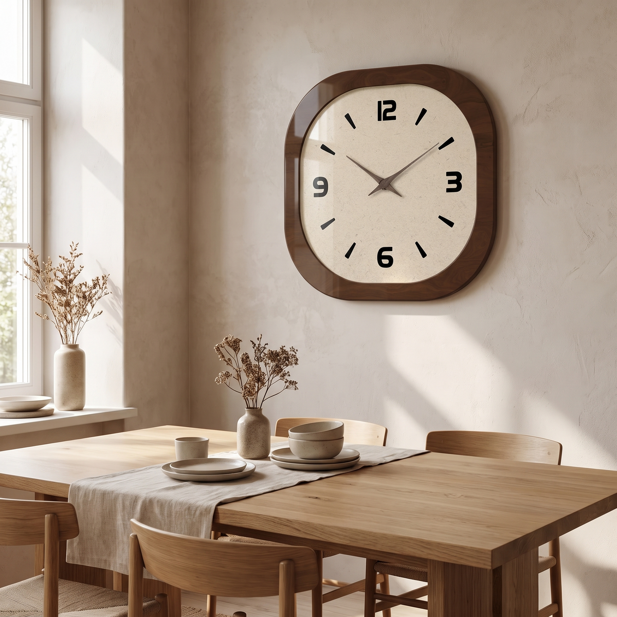Vaxjo Retro Rounded Square Wall Clock, Walnut Effect, Silent in a room
