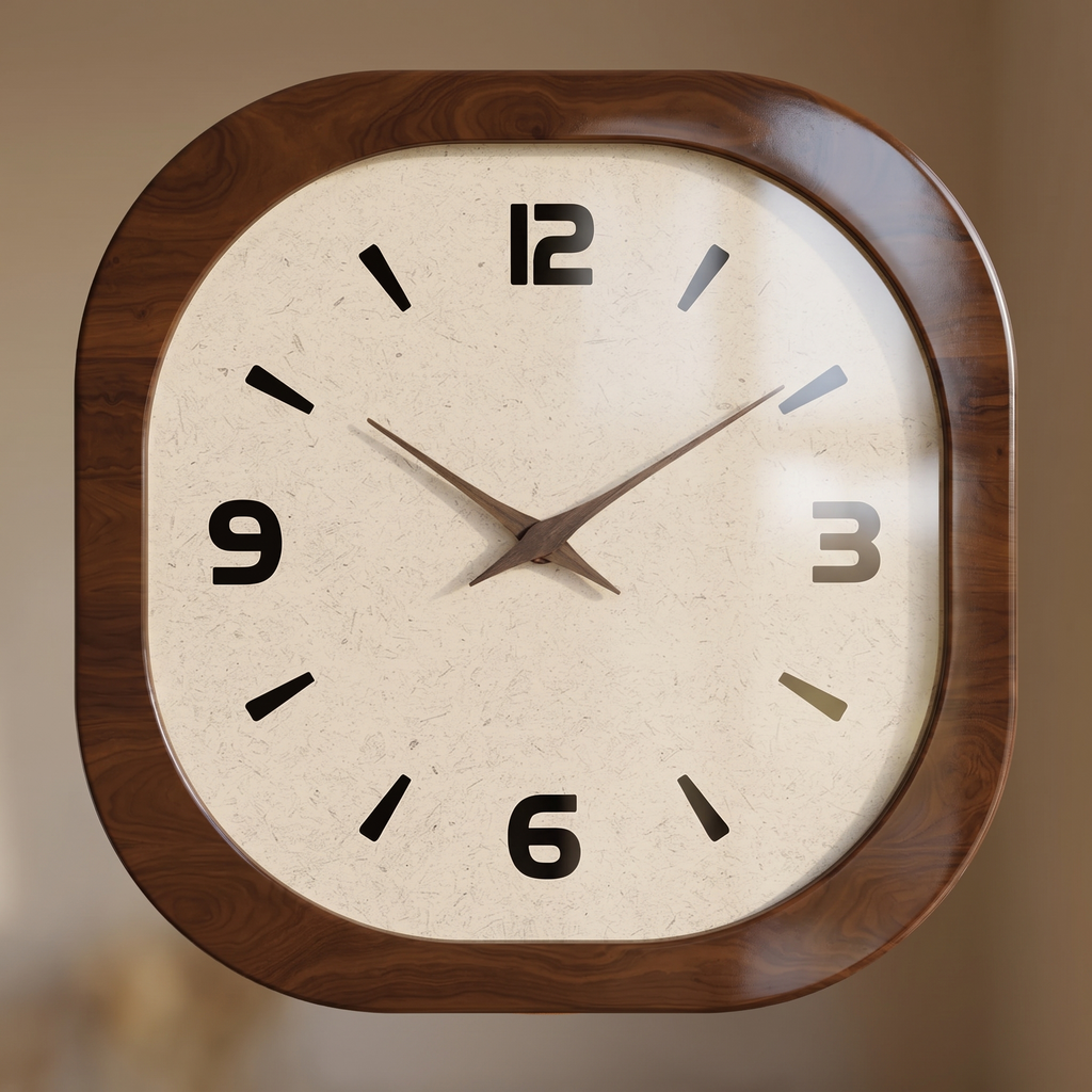 Vaxjo Retro Rounded Square Wall Clock, Walnut Effect, Silent, detail