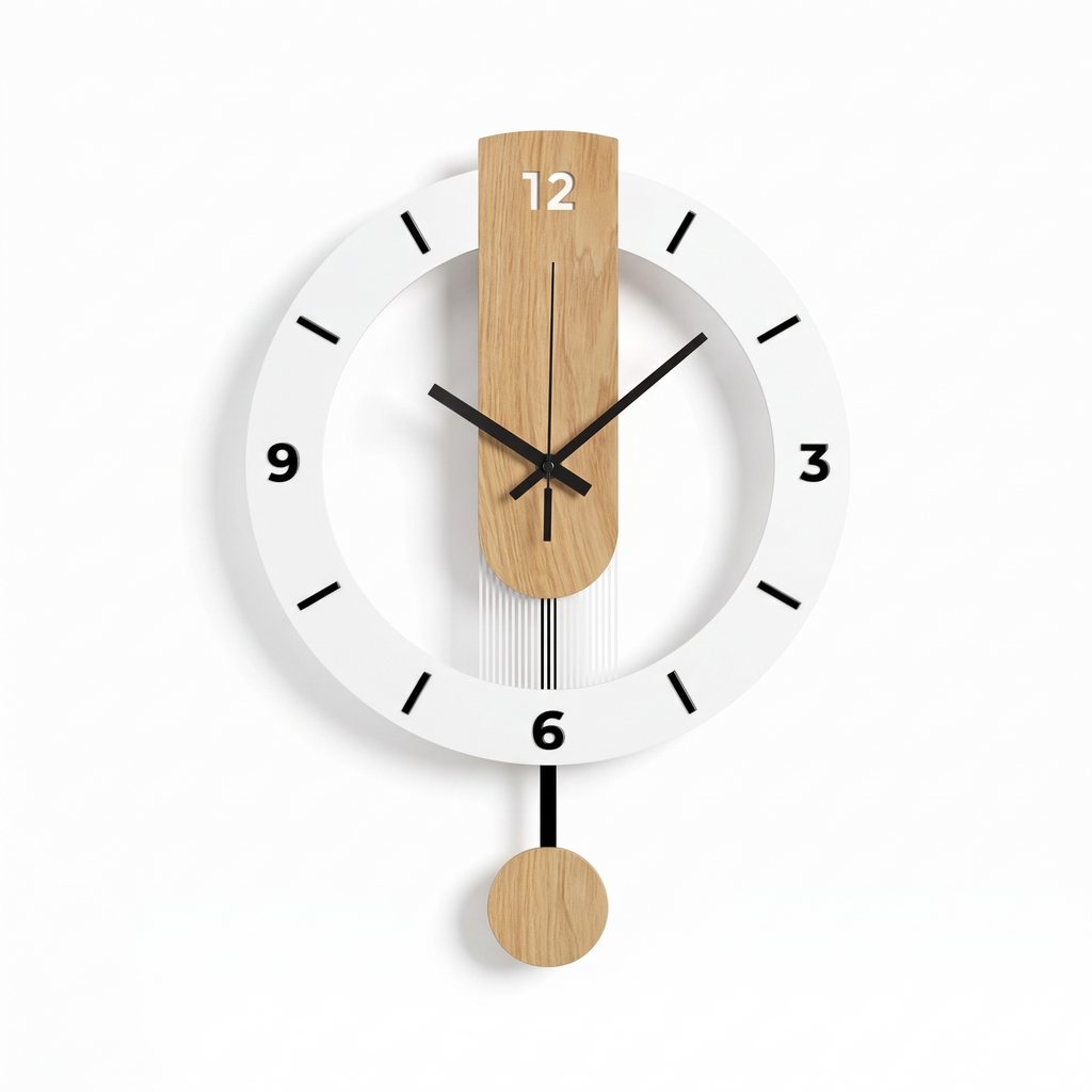 Landshut Pendulum Wall Clock, Open Dial, Wood Grain Effect, White and Wood Effect