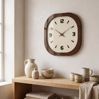 Vaxjo Retro Rounded Square Wall Clock, Walnut Effect, Silent in a room