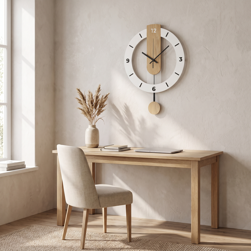 Landshut Pendulum Wall Clock, Open Dial, Wood Grain Effect in a room
