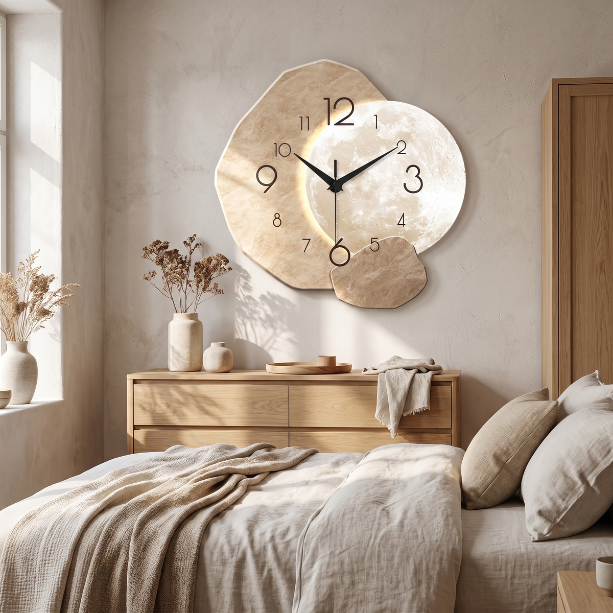 Orebro Moon and Stone Wall Clock, Silent, Printed Design in a room
