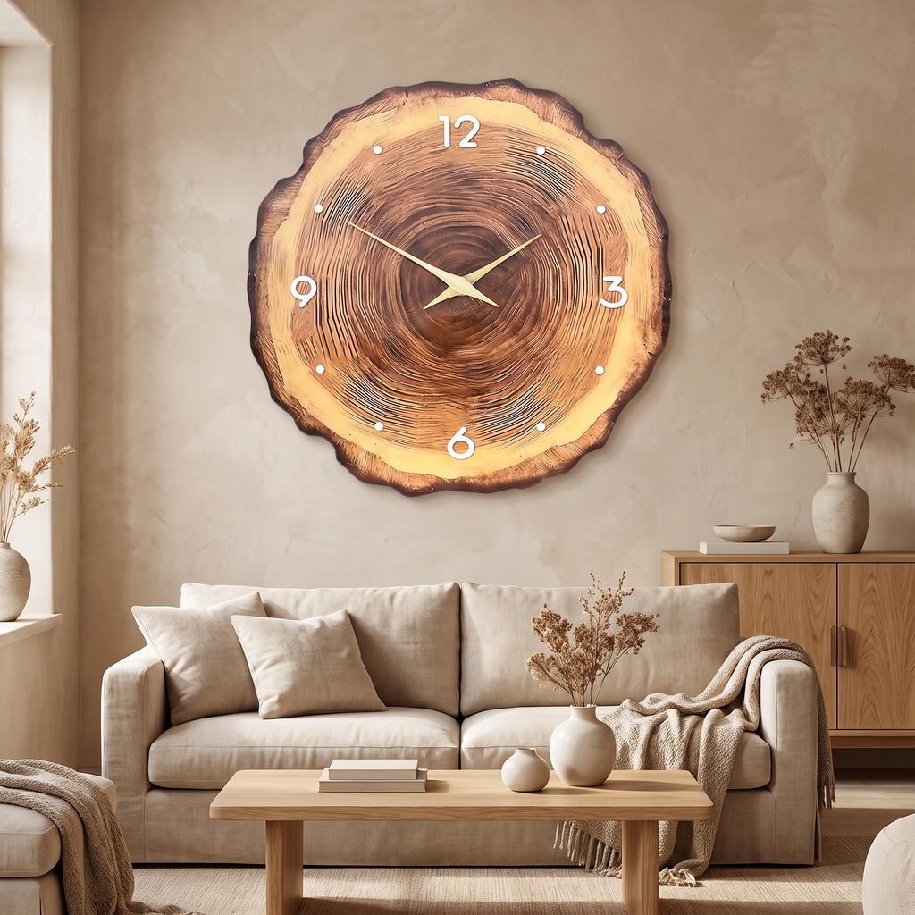 Kiruna Tree Ring Wall Clock, Wooden Hands, Silent in a room