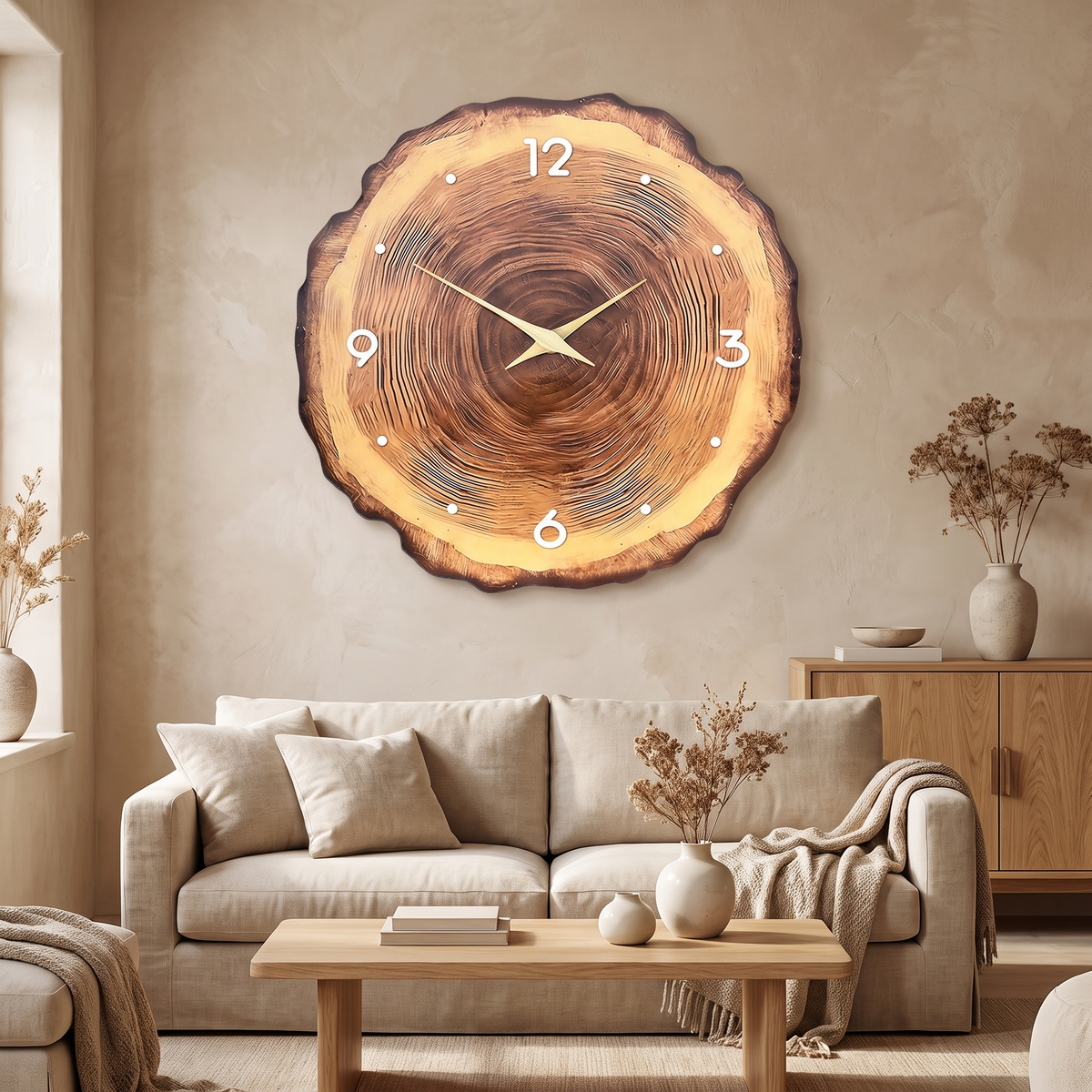Kiruna Tree Ring Wall Clock, Wooden Hands, Silent in a room