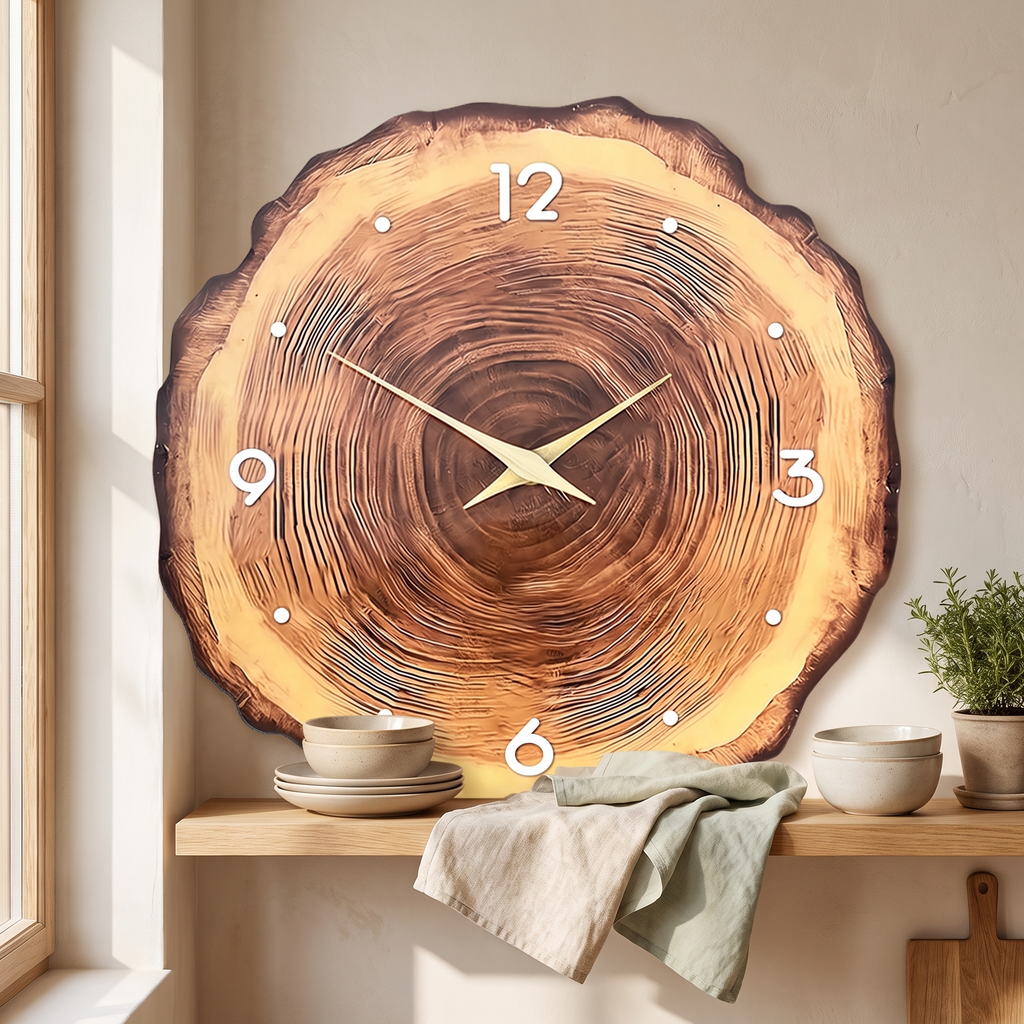 Kiruna Tree Ring Wall Clock, Wooden Hands, Silent in a room