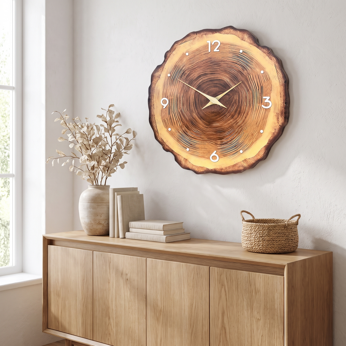 Kiruna Tree Ring Wall Clock, Wooden Hands, Silent in a room