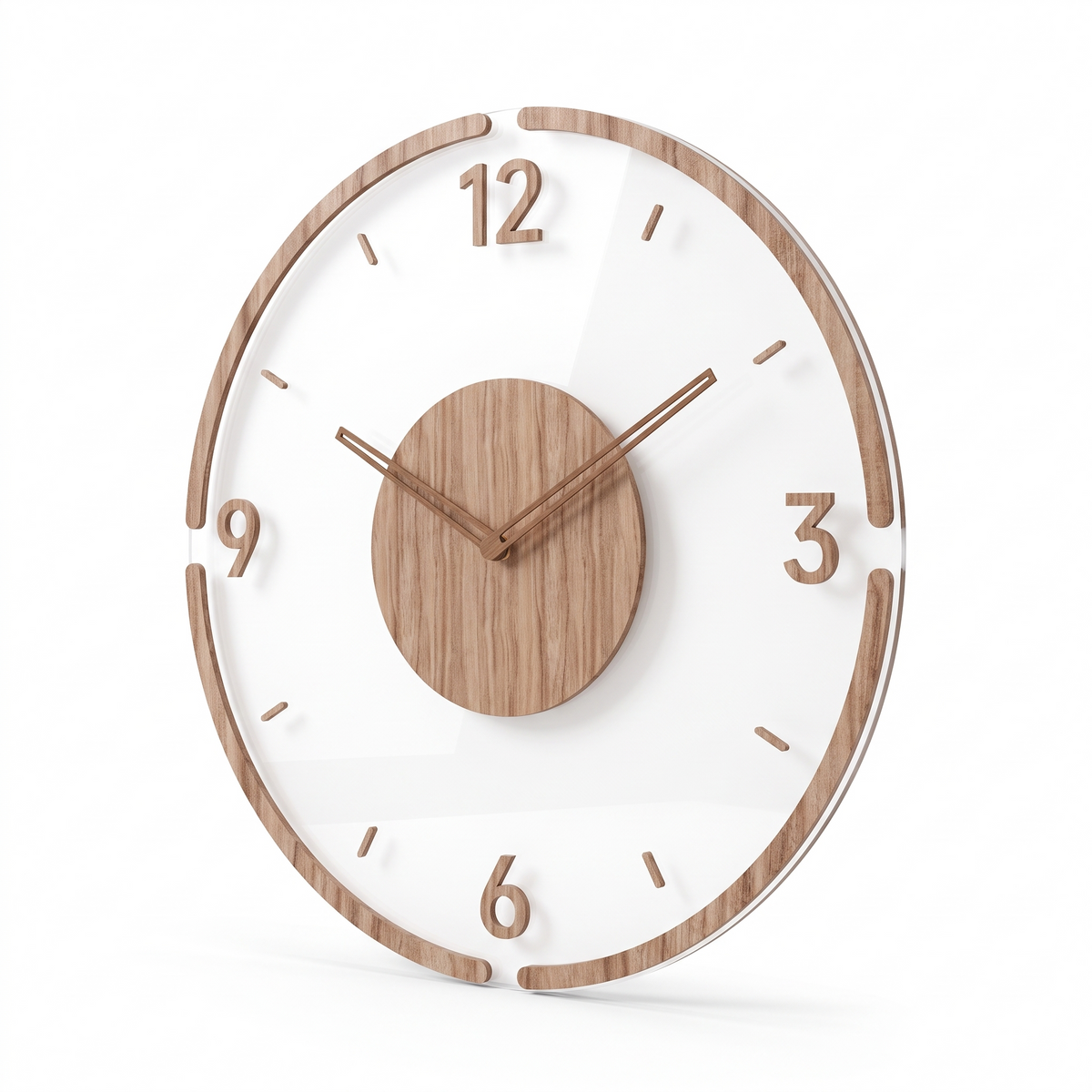 Tonsberg Clear Acrylic Wall Clock, Four Numerals, Tick Marks on white