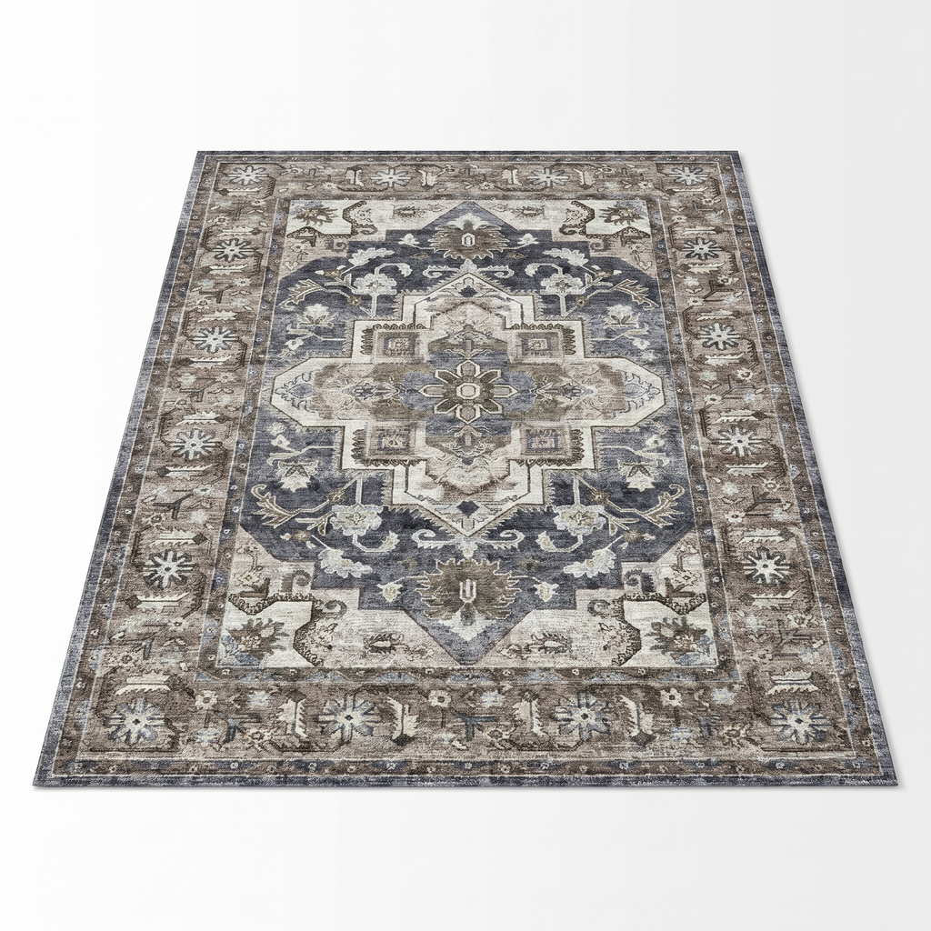 Heidelberg Washable Persian Style Rug, Grey and Cream on white