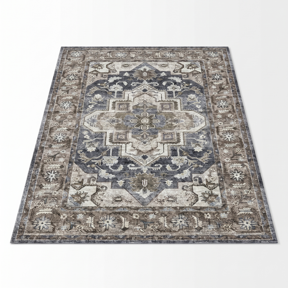 Heidelberg Washable Persian Style Rug, Grey and Cream on white