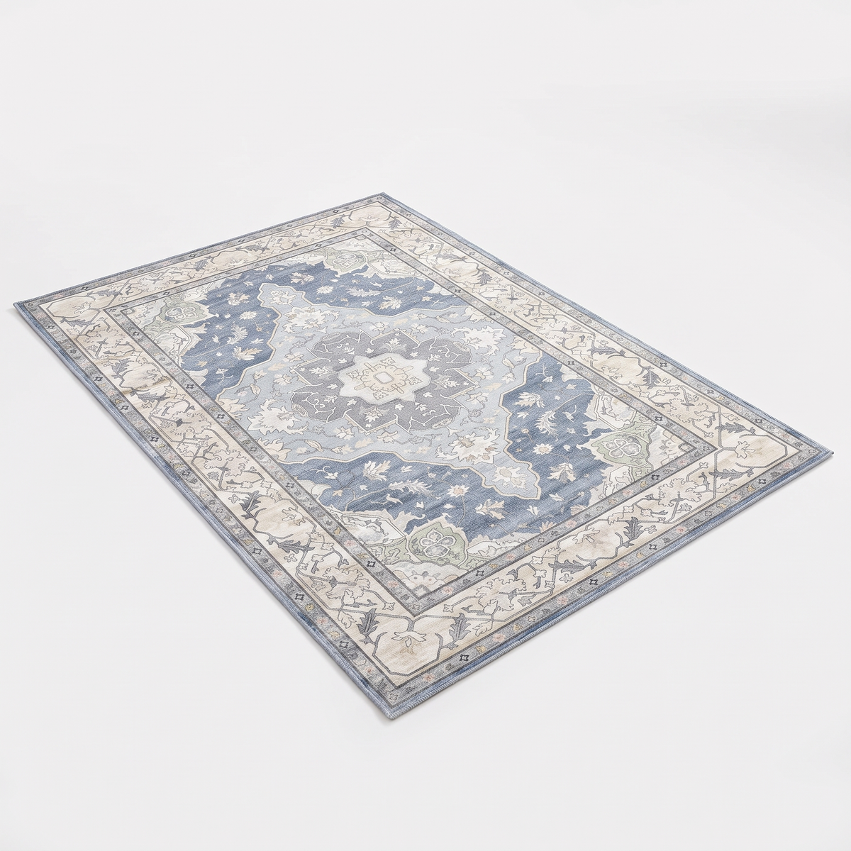 Heidelberg Washable Persian Style Rug, Blue and Cream on white