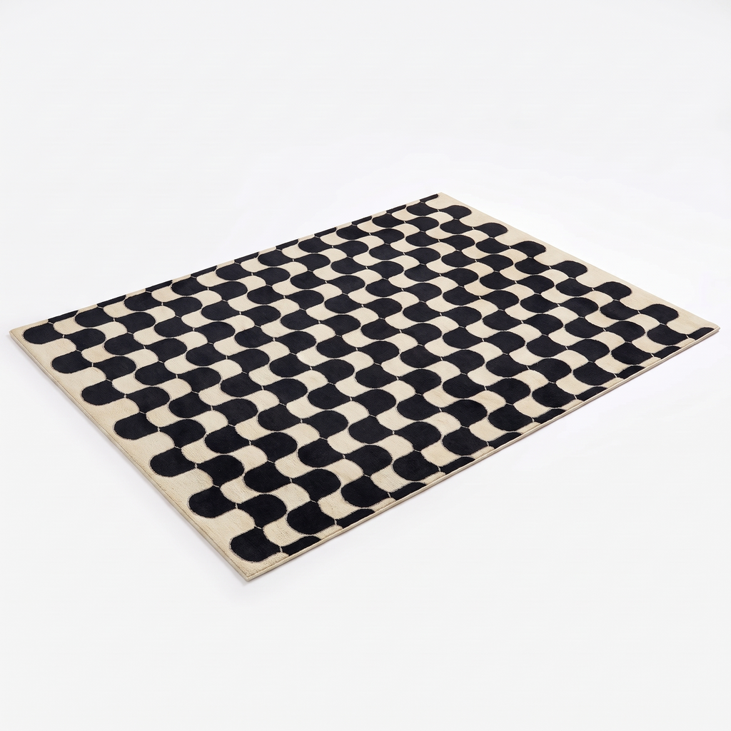 Boras Checkerboard Rug, Black and Cream on white