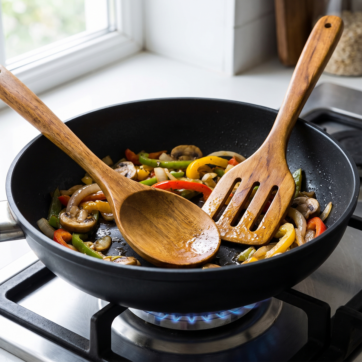 Vejen teak spoon and spatula in a pan