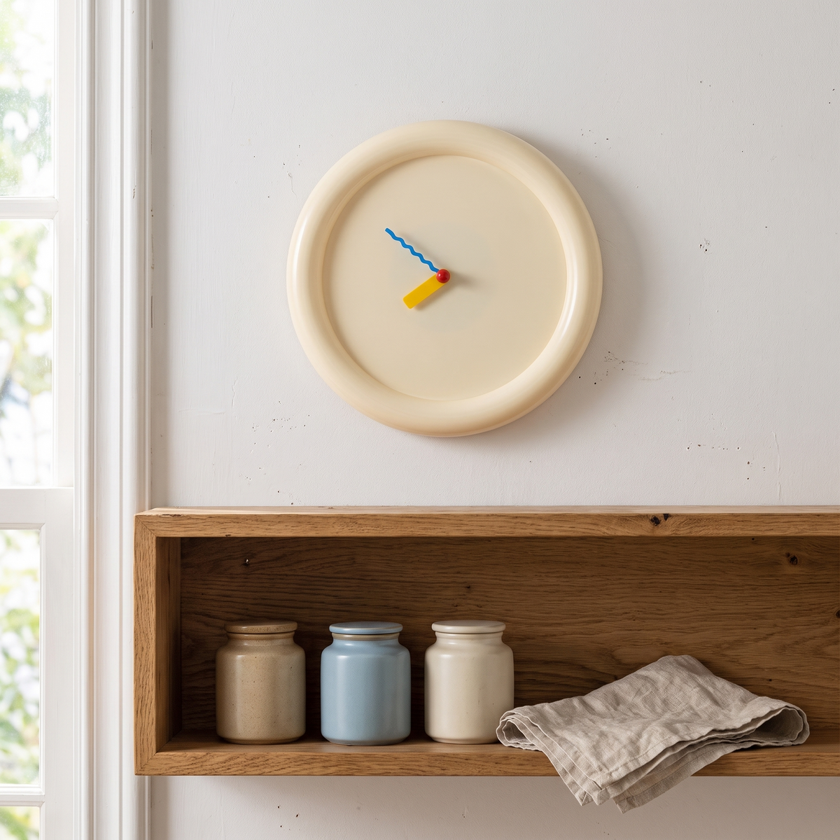 Gera cream clock above a kitchen shelf