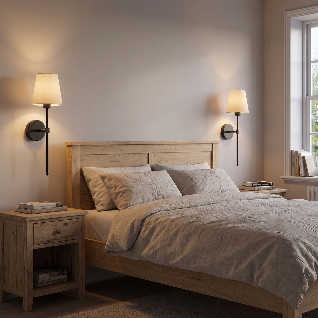Falkenberg black sconces either side of a bed