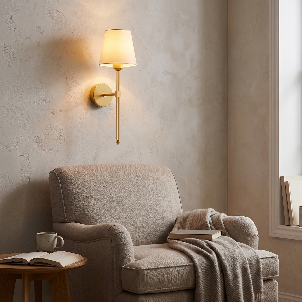 Falkenberg gold sconce above a reading chair