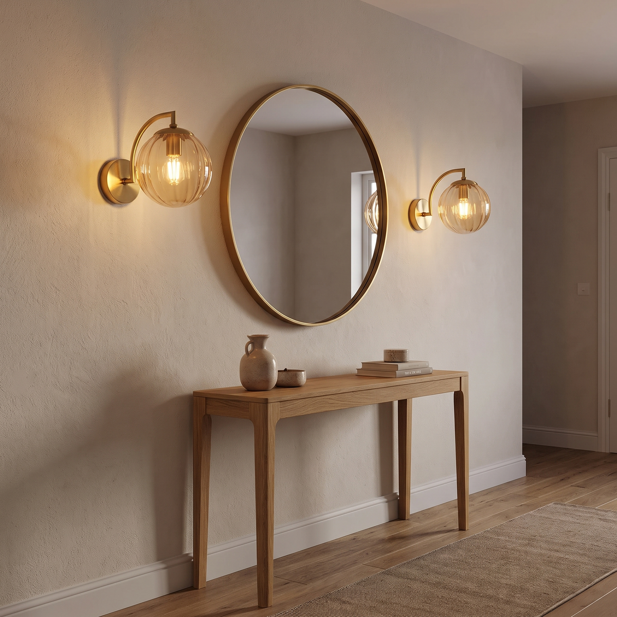 Vimmerby amber wall lights either side of a mirror