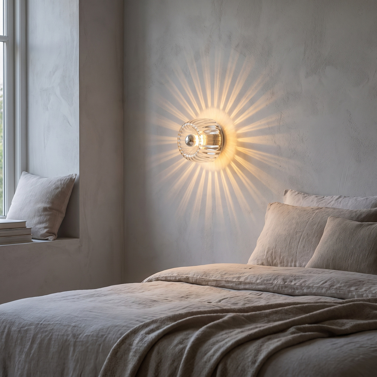 Lidkoping sunburst light pattern beside a bed