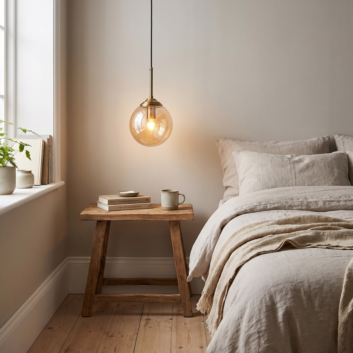 Kristiansand amber pendant beside a bed