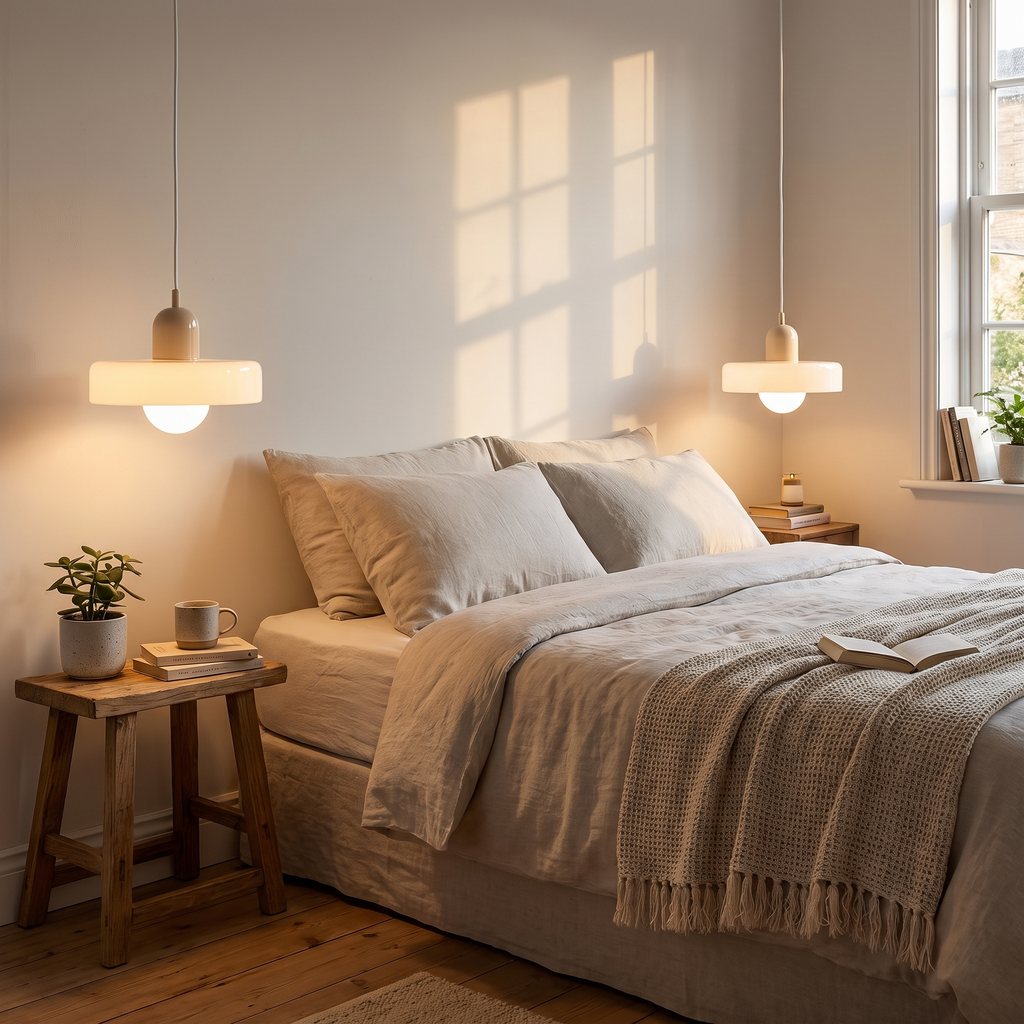 Rendsburg beige pendants either side of a bed