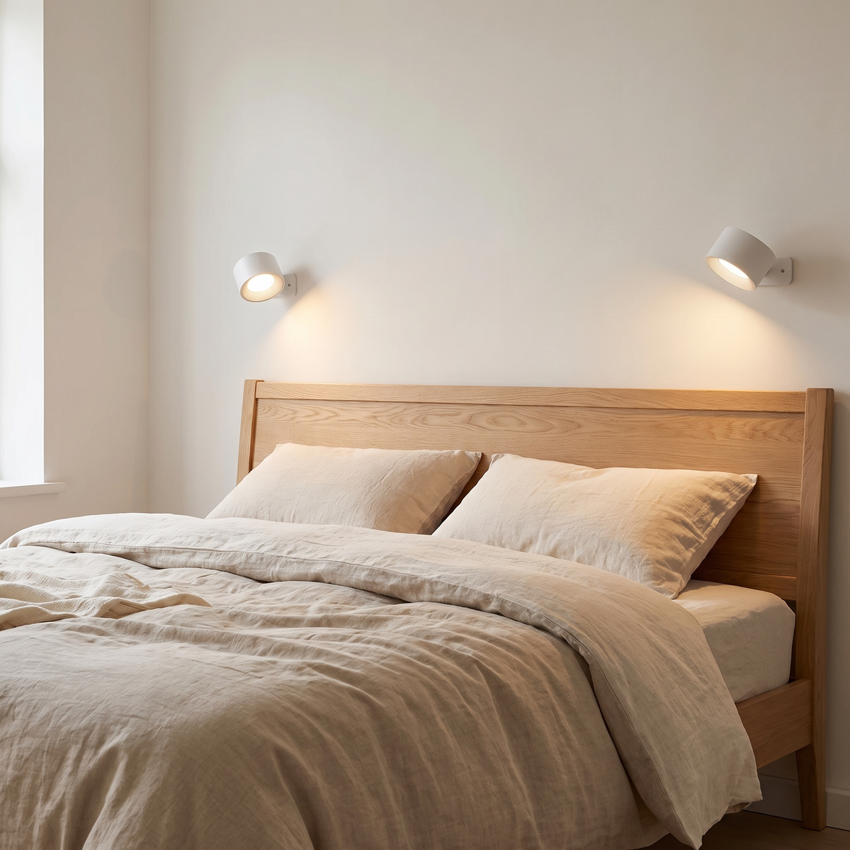 Hedemora white spotlights either side of a bed