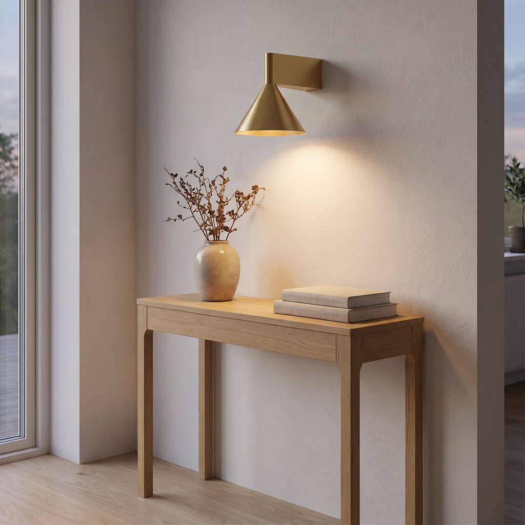 Ansbach gold wall light above a hallway console