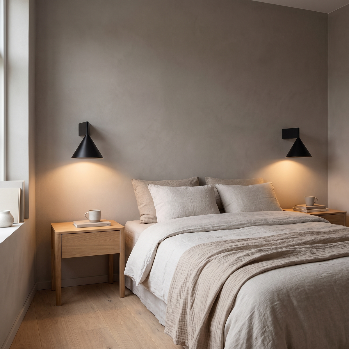 Ansbach black wall lights either side of a bed