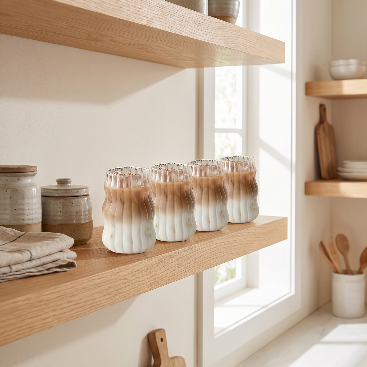 Ahus tumblers on an oak kitchen shelf