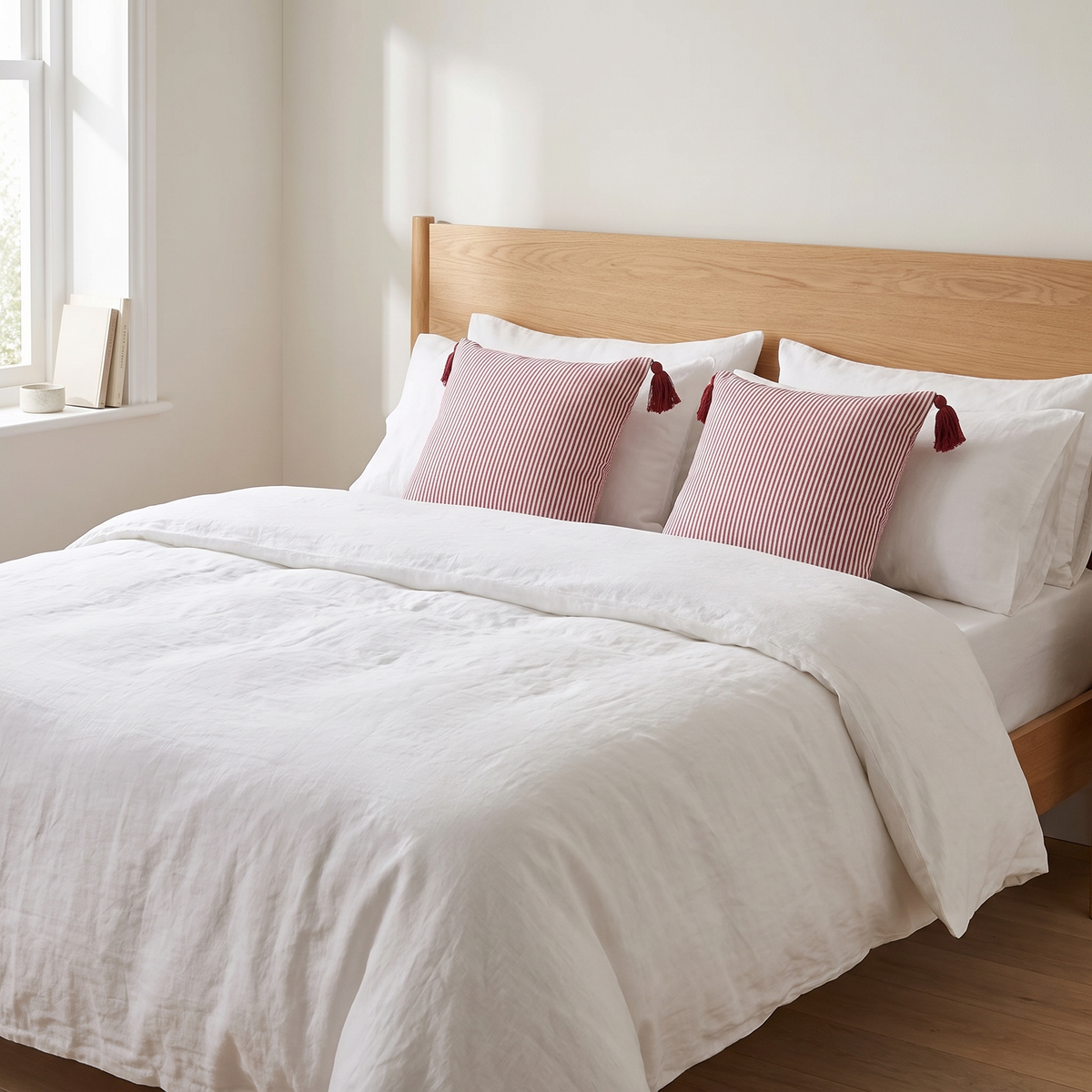 Laholm pin stripe cushions on a bed