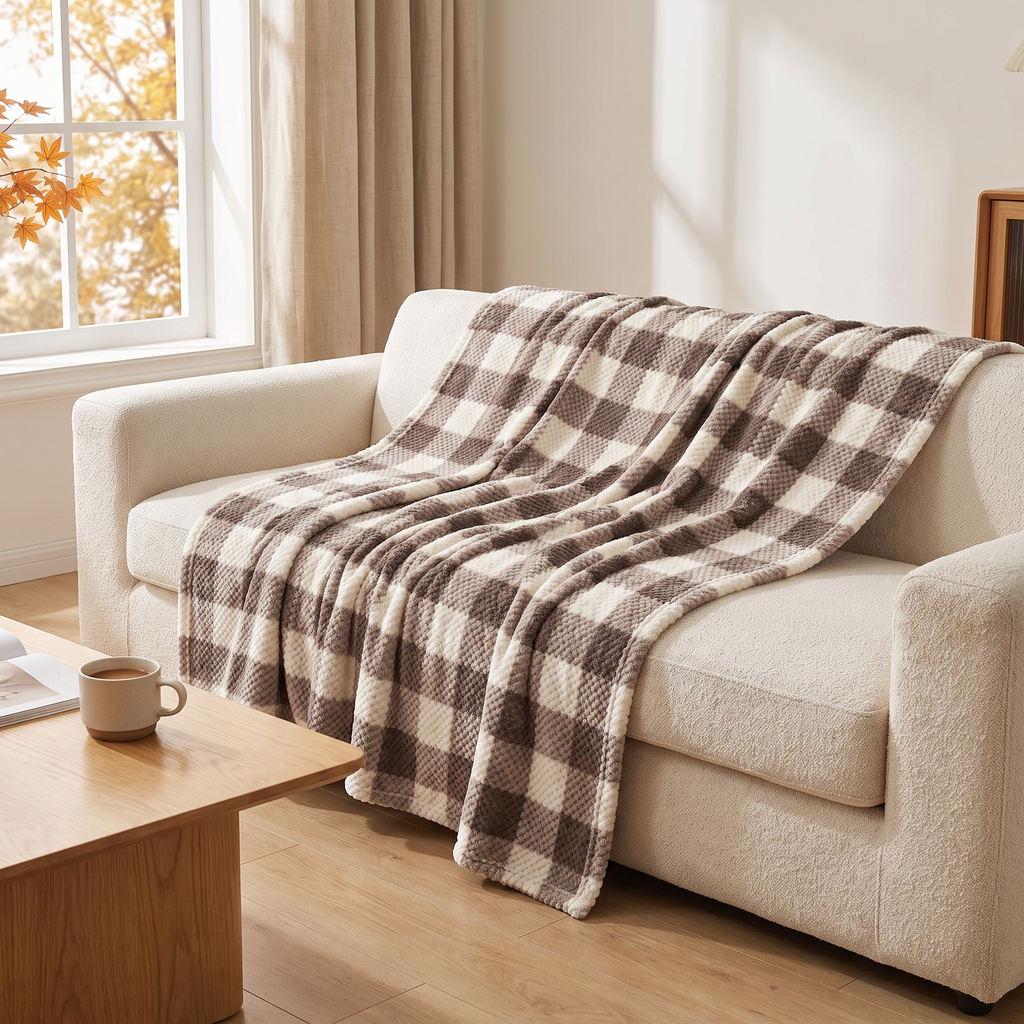 Lulea coffee check throw on a sofa