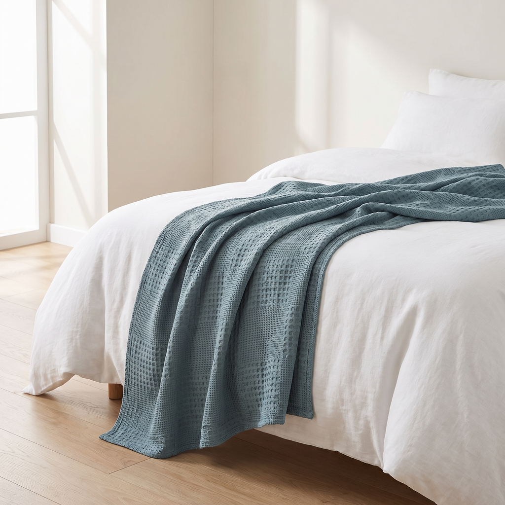 Ostersund lake blue throw on a bed