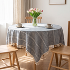 Marstrand grey blue tablecloth on a kitchen table