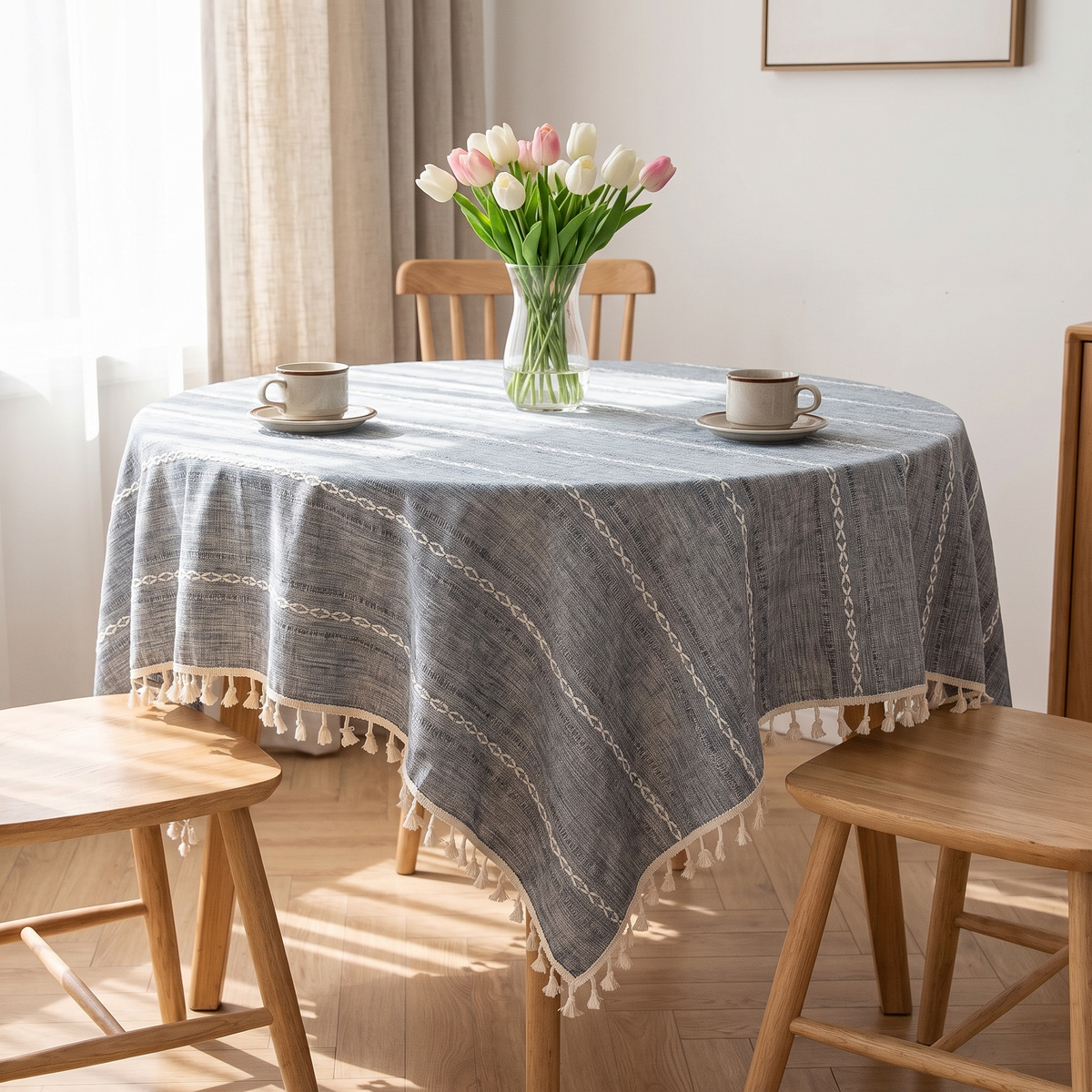 Marstrand grey blue tablecloth on a kitchen table