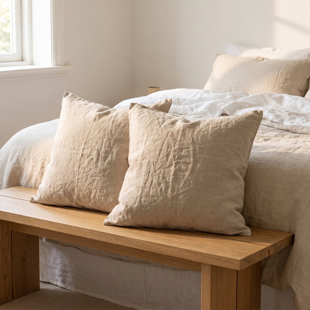 Ljungby natural linen cushions on a bench