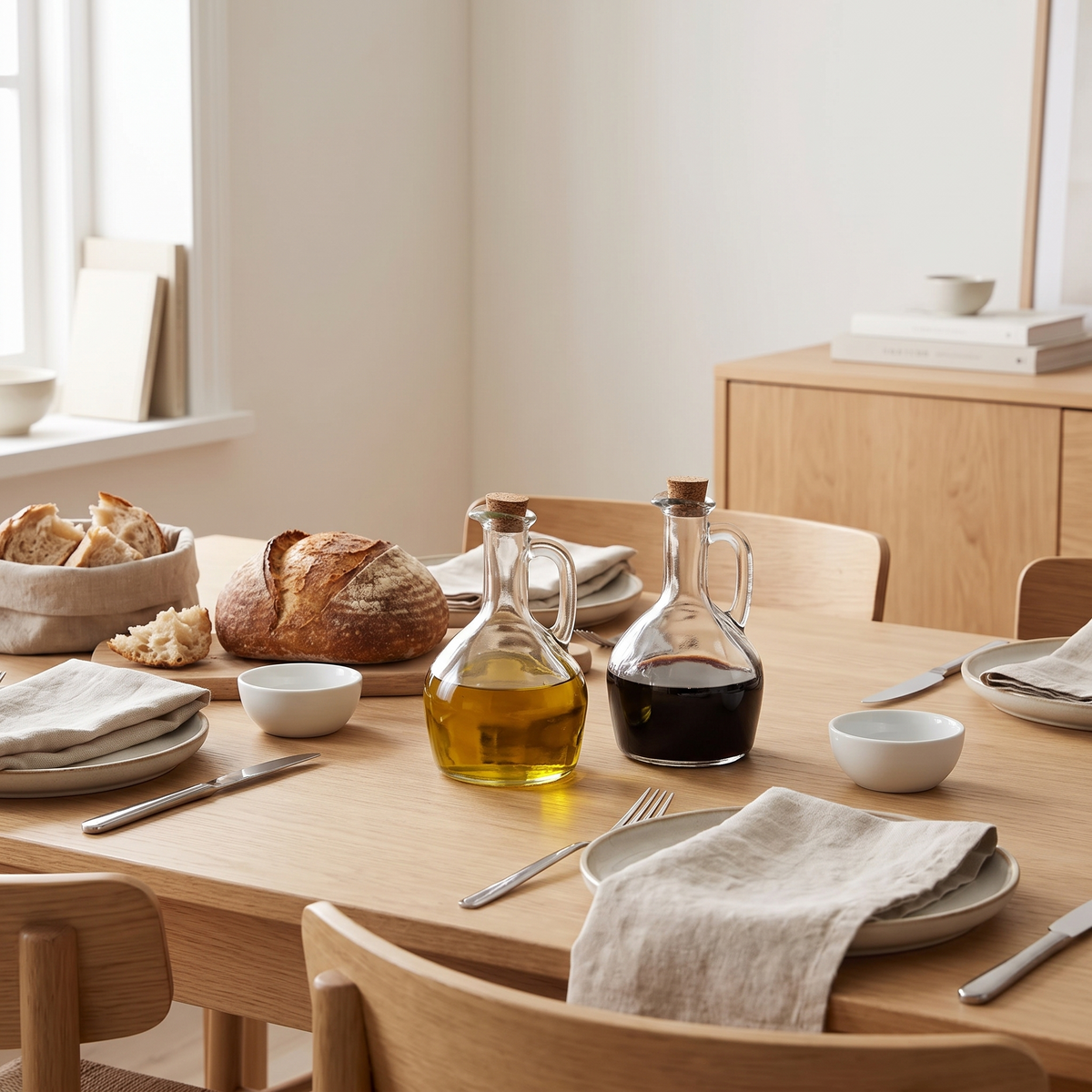 Kappeln oil jugs with oil and vinegar on a dining table