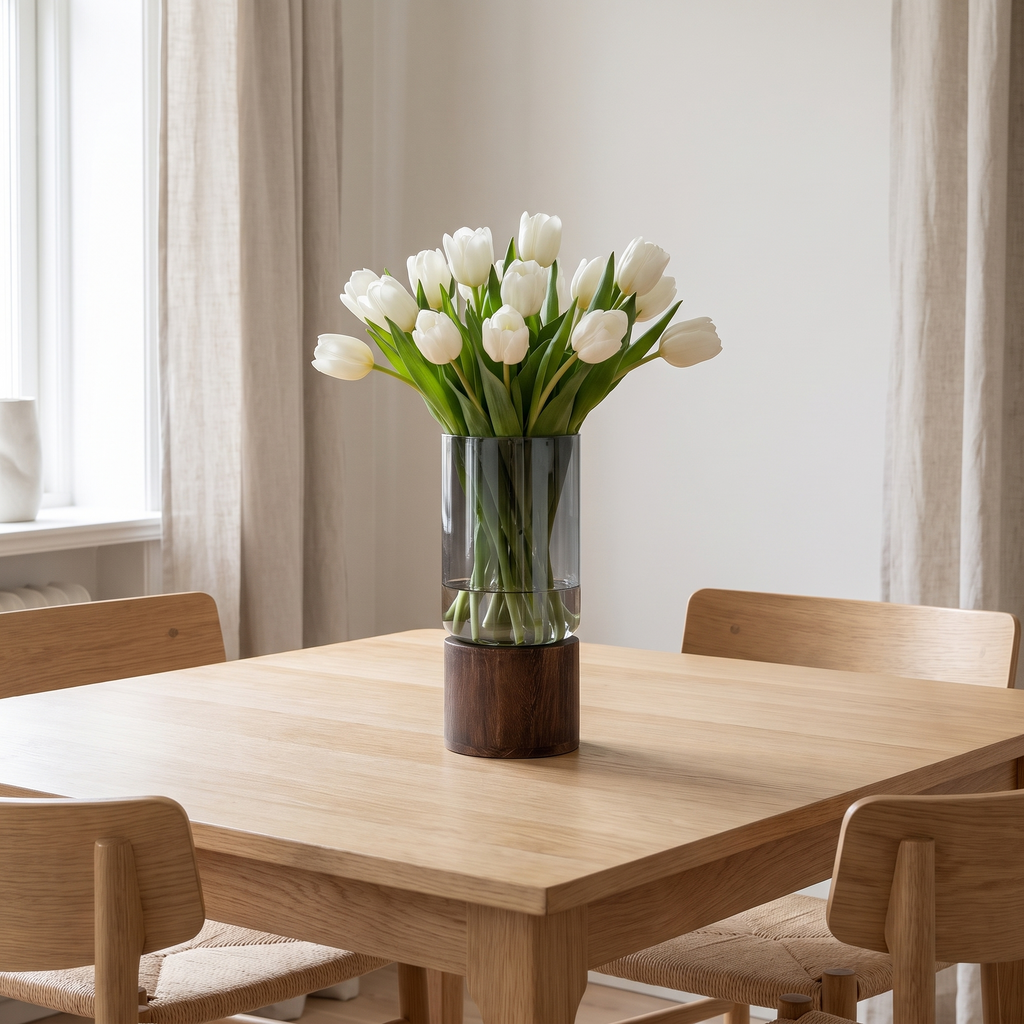 Nybro vase with tulips on a dining table