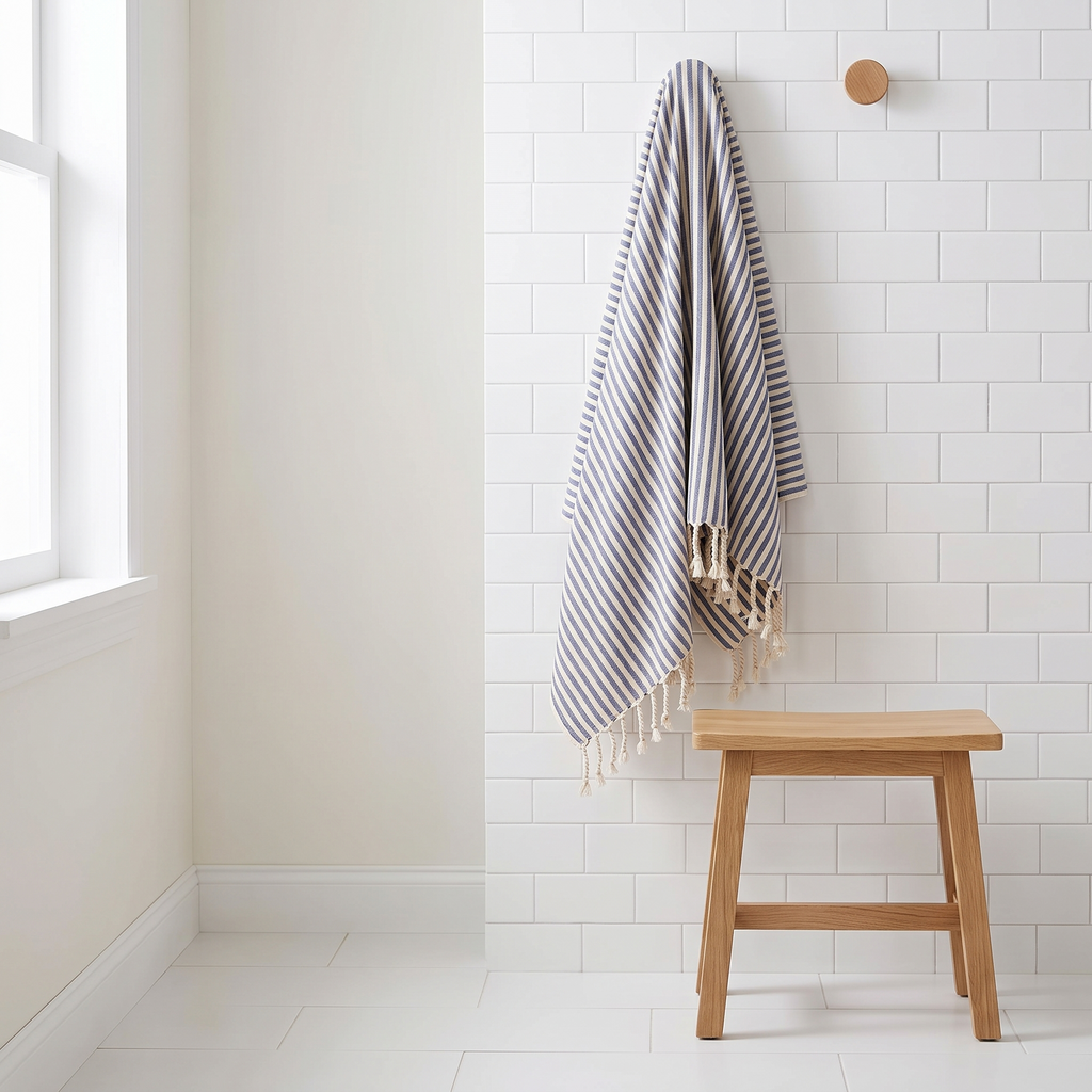 Varnamo navy towel in a bathroom