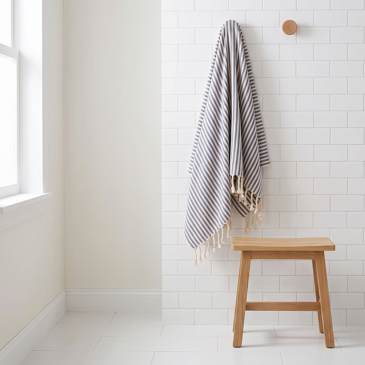 Varnamo navy towel in a bathroom