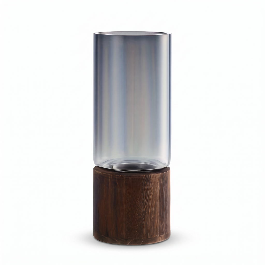 Nybro smoke glass cylinder vase on wooden base