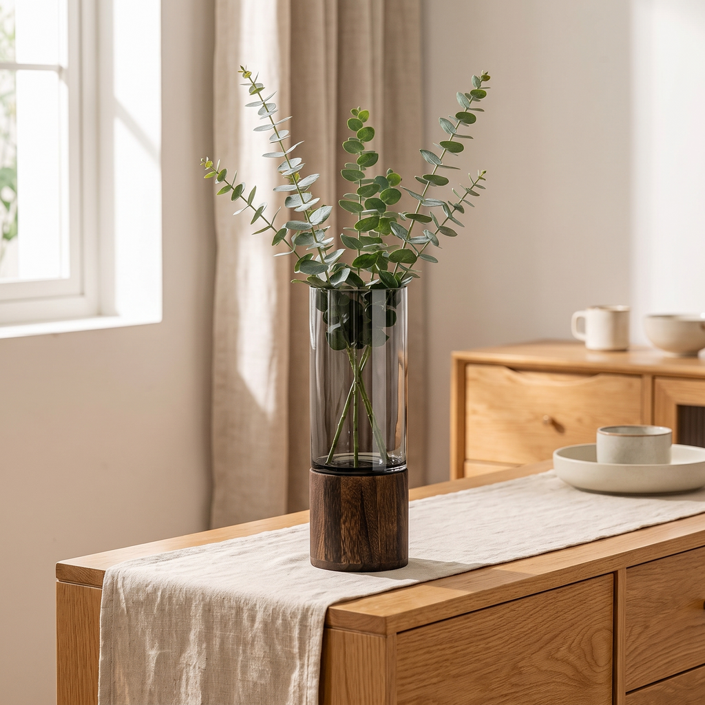 Nybro vase with eucalyptus on a sideboard