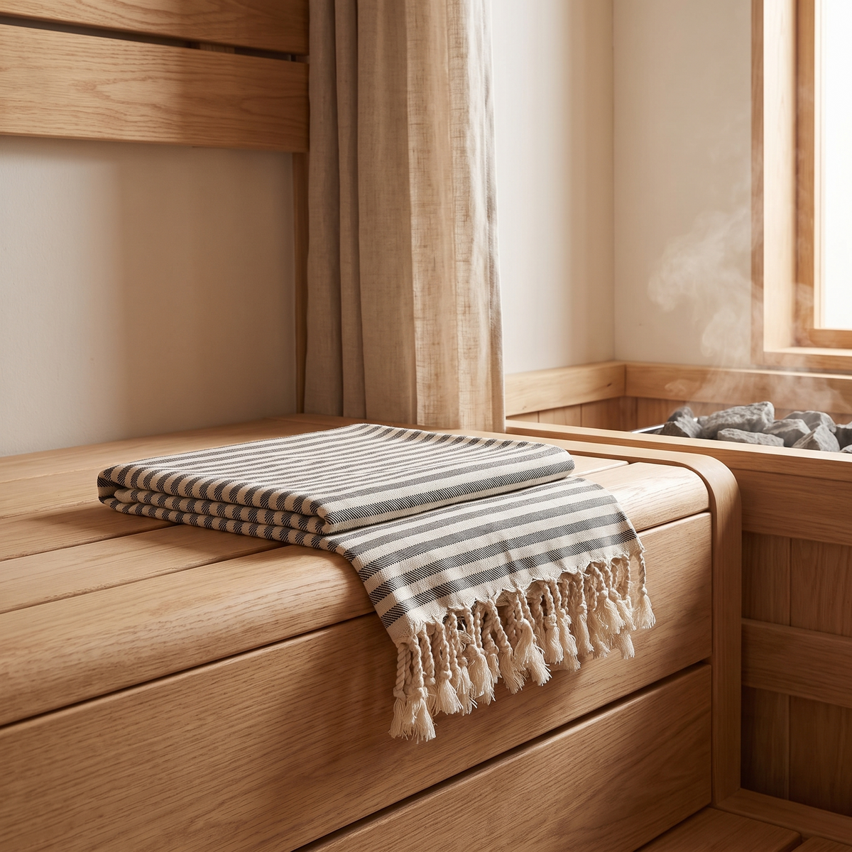 Varnamo black towel on a sauna bench