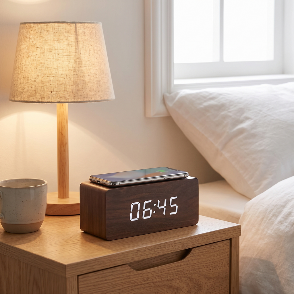 Verden clock charging a phone on a bedside table