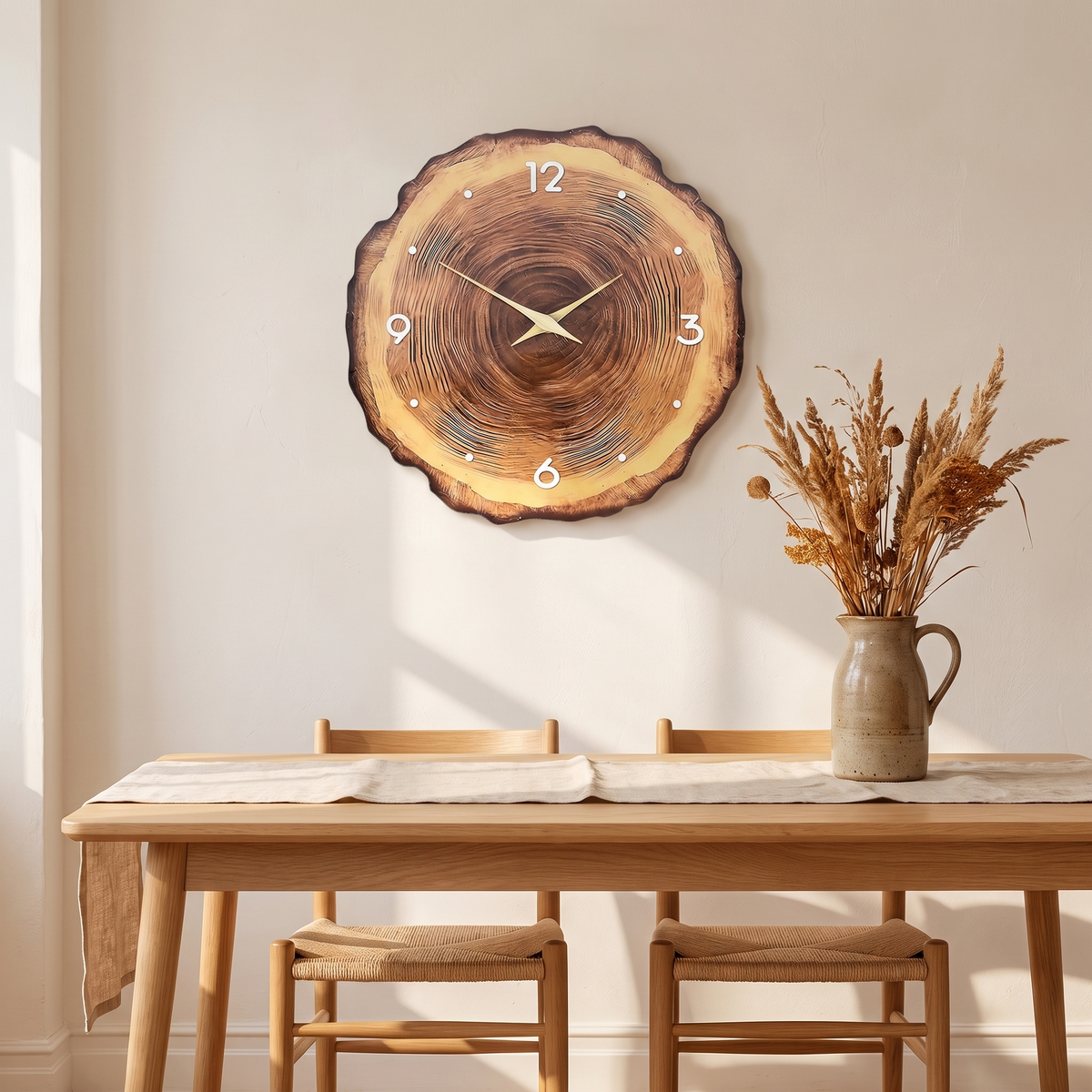 Borken tree ring wall clock in a living room