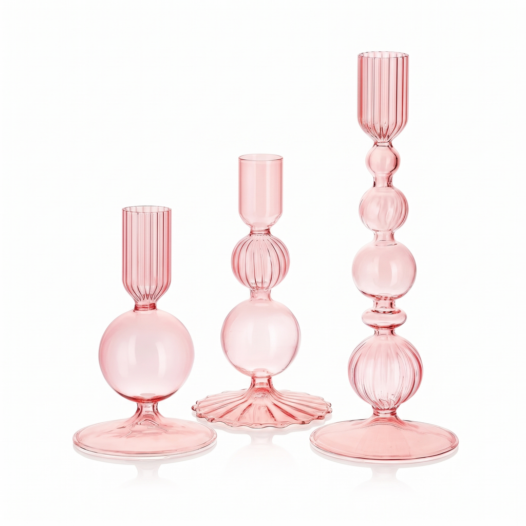 Plon glass candlesticks in pink