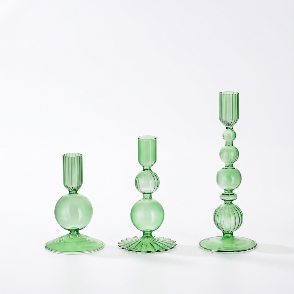 Plon glass candlesticks in sage green