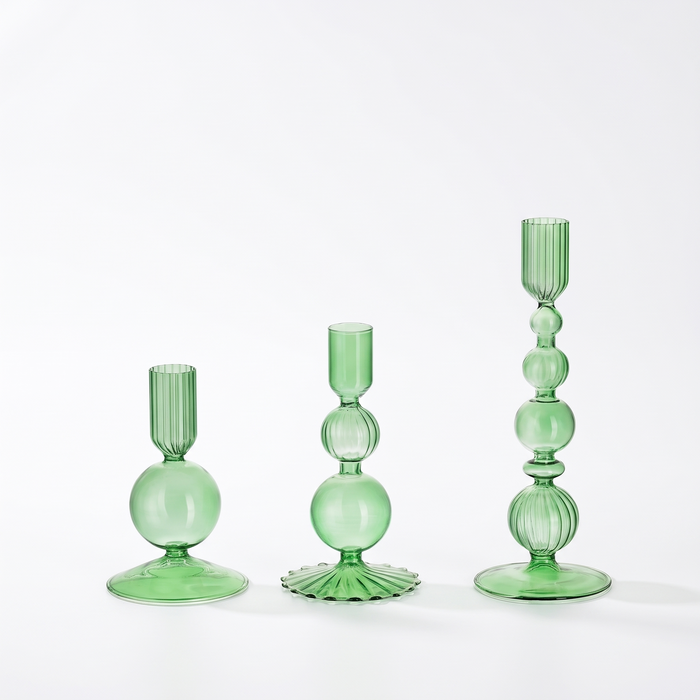 Plon glass candlesticks in sage green