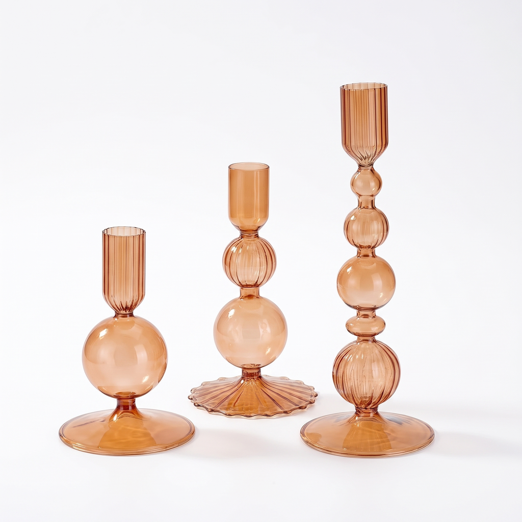 Plon glass candlesticks in amber