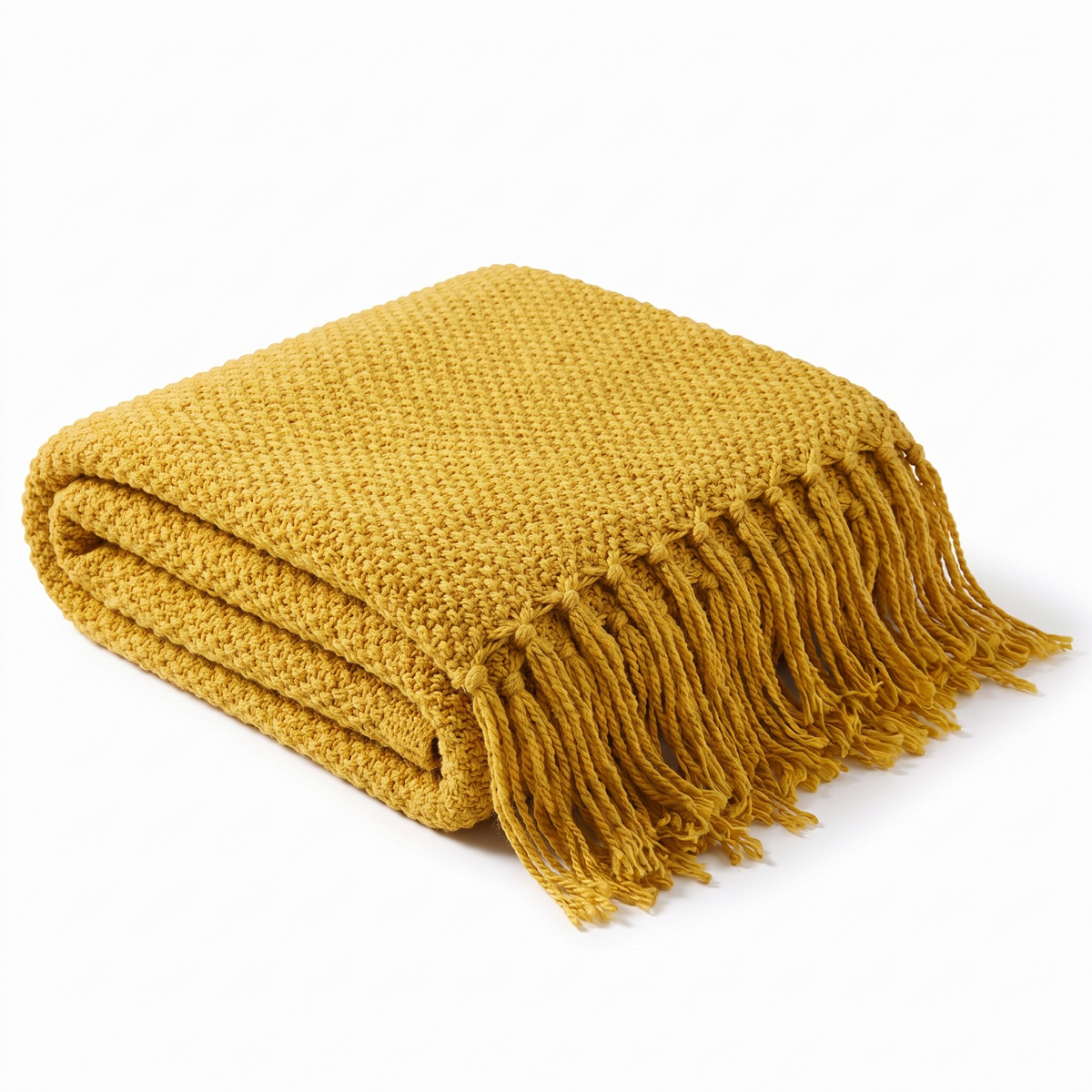 Uelzen knitted tassel throw in mustard